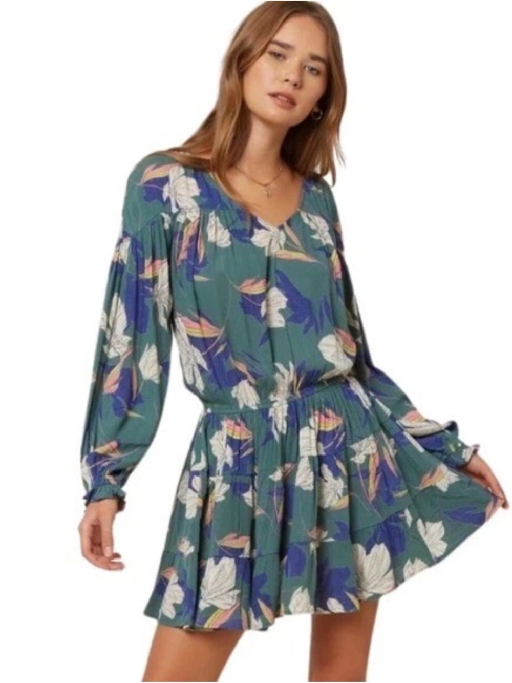 O’Neill Floral Boho Mini Dress Green Blue Tropical Long Sleeve Babydoll Small